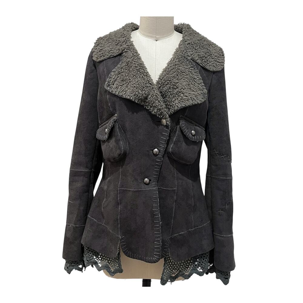 Monoreno Dark Gray Suede Shearling-Trim Jacket